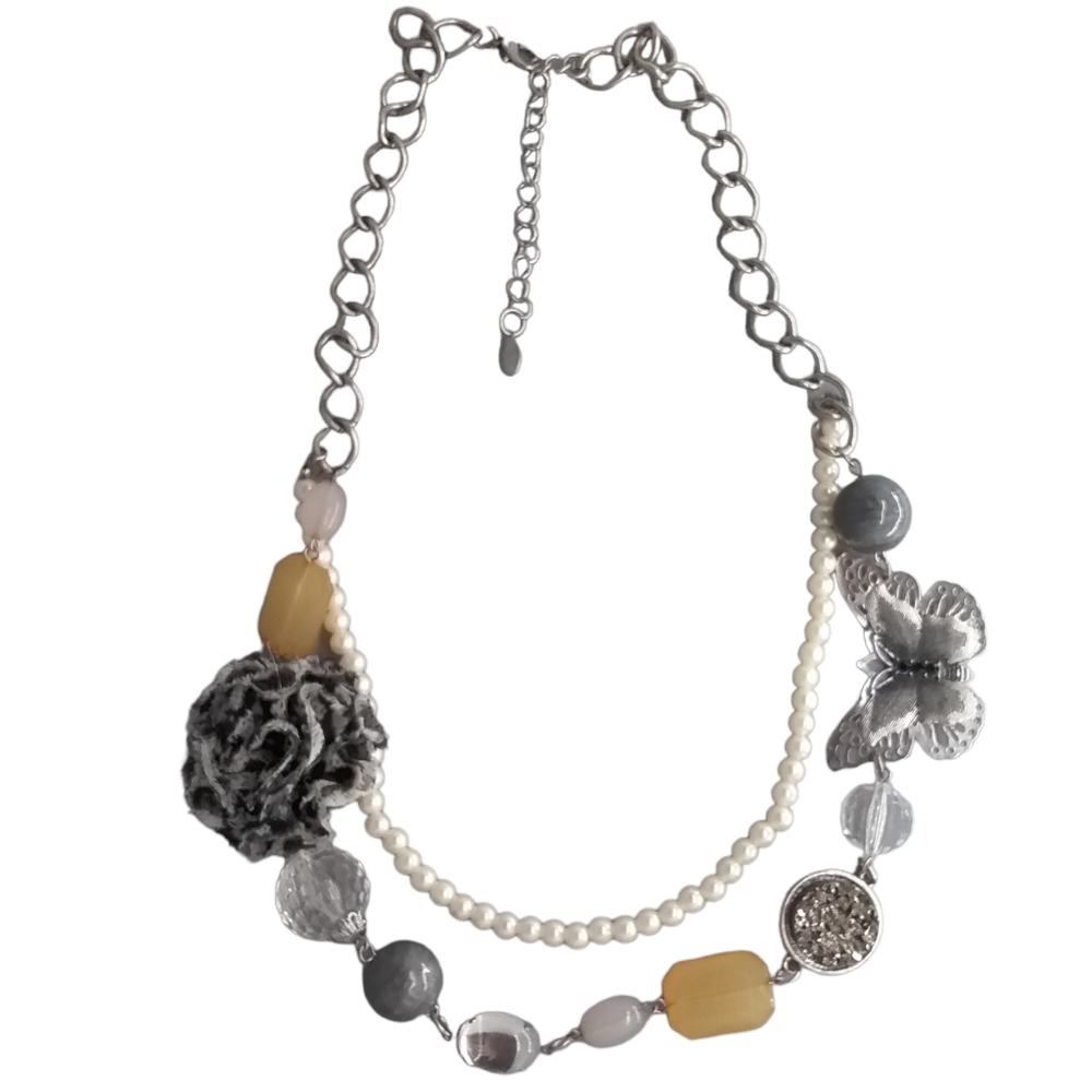 Women's Necklace Double Strand Faux Pearl and Beaded Silvertone